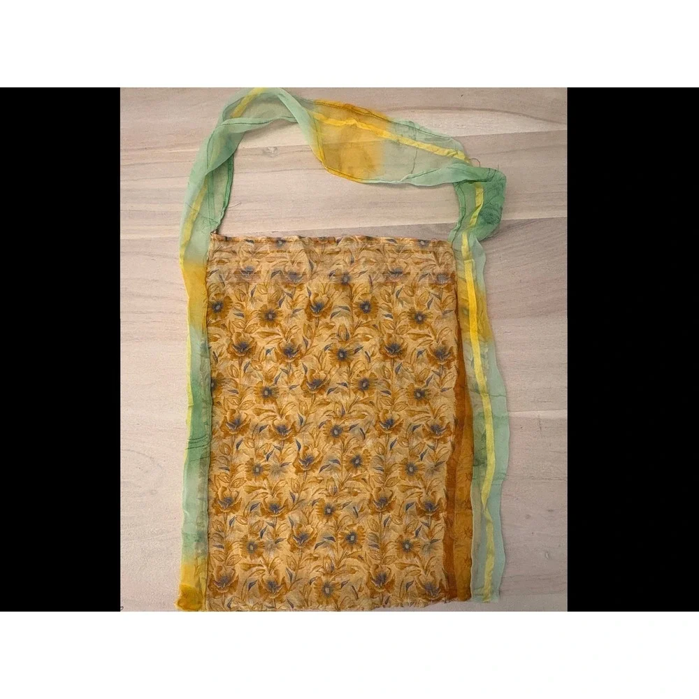 Vintage Sheer Chiffon Tote Bag Print Mustard Yellow Green Border Lightweight